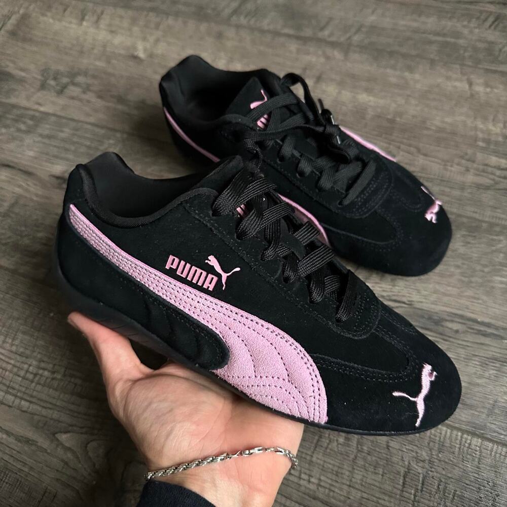 Cute Black Pink Suede Slim Sporty Puma Speedcat Low Top Driving Shoe Sneaker